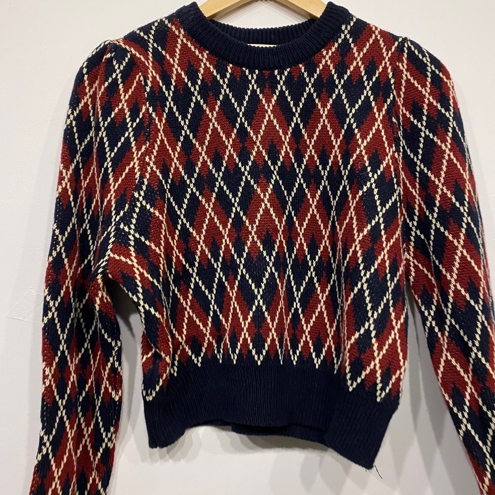 Sewing Made Red Argyle Dark Academia Cropped Crew Neck‎ Sweater - Picture 2 of 4
